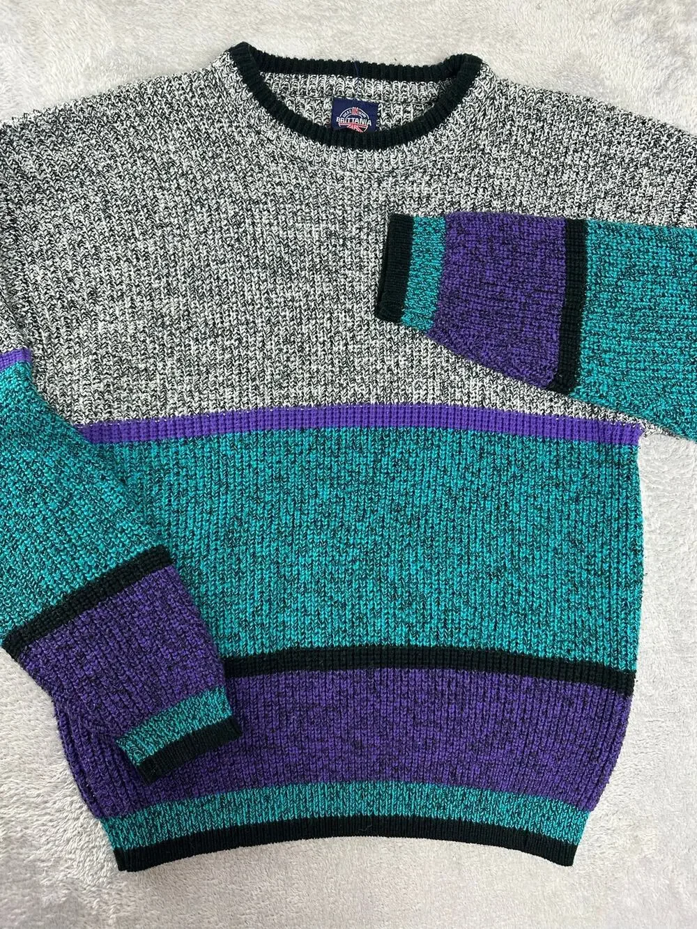 Vintage Brittania Purple Teal Colorblock Chunky Knit Sweater Men's Medium Retro